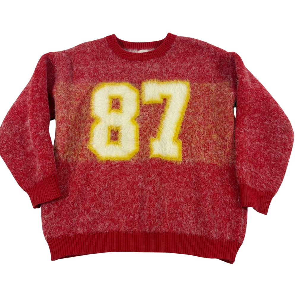 Fancy Schmancy Sweater KC Chiefs Kelce 87 Fuzzy Knit‎ Swifty Girls Size 10 Red